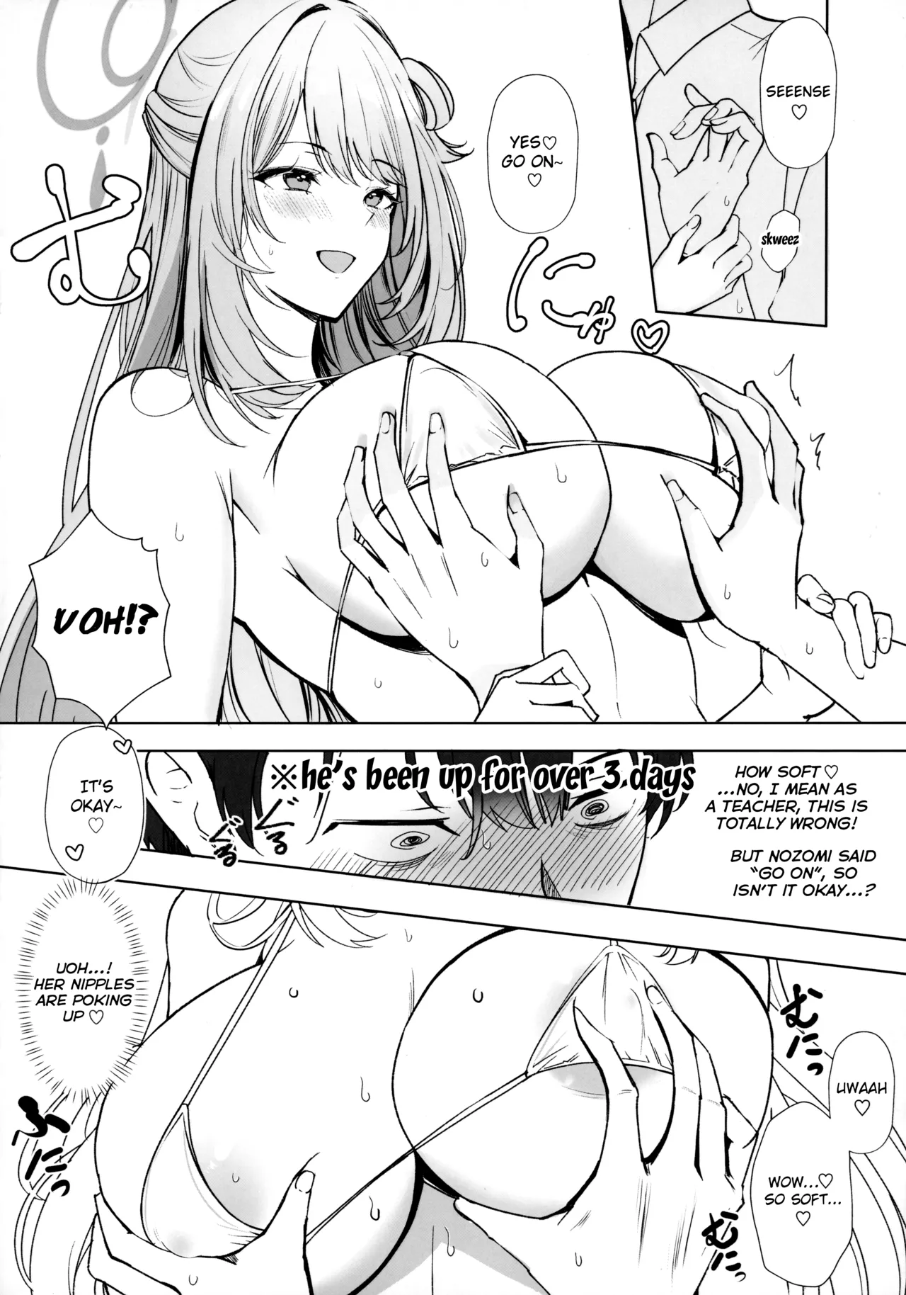 Koukando Saidai M Cup Dekapai Bisyoujo no Zenkoutei Ichaama Namahame Koubi de Sensei ga Kizetsu Suru Made Seishi Shibori Torareru Hon | Max Affection A Book in which Sensei Gets His Jizz Milked Until Passing Out From Fully Consensual Sweet Loving Bareback Mating with a Pretty Girl with Huge M Cup Tits page 9 featuring nonomi izayoi blue archive parody - sweating big breasts hentai manga - read online free