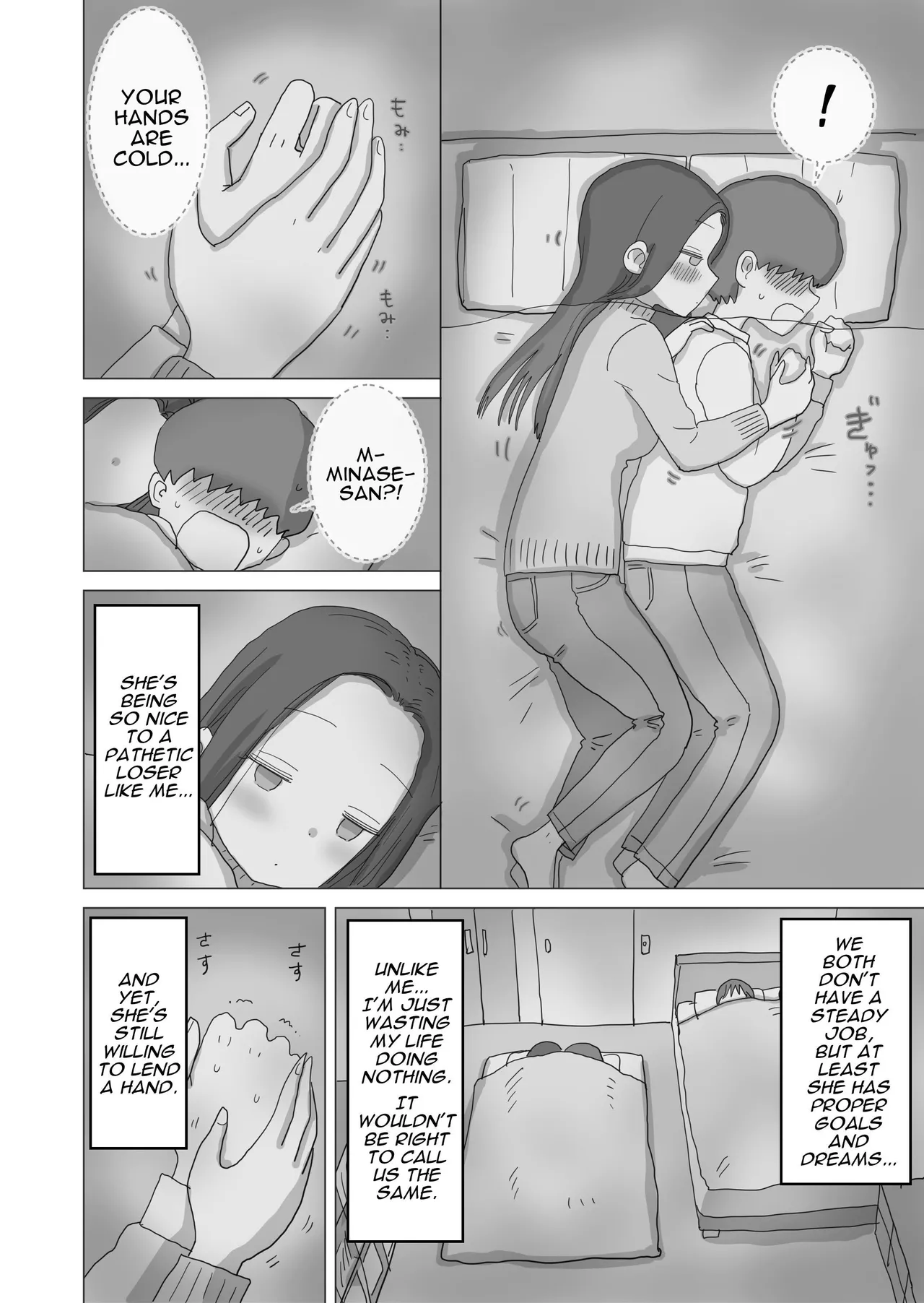 [Hiyashi Makura] Aru Ooyuki no Tsumetai Yoru Boku no Ie no Futon no Naka de Beit-saki no Onnanoko-tachi ga Naisho de Micchaku Atatame Ecchi Shite Kureta. | One Cold Snowy Night, My Colleague Secretly Had Intimate Warm-up Sex With Me Under The Bed Sheets. [English] [Darg777 Translations] page 15 original parody - sole male mosaic censorship hentai manga - read online free