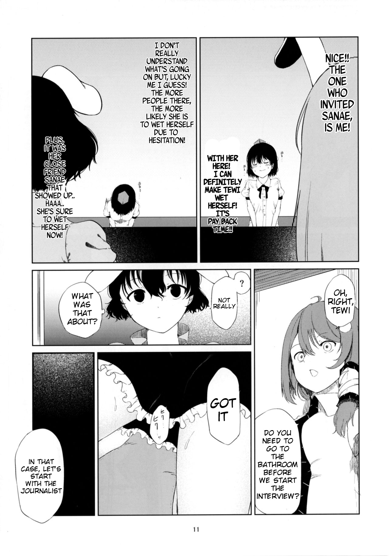 Aya to Tewi to Sanae to Udonge ga Omorashi Suru Hon!! page 10 featuring sanae kochiya touhou project parody - females only urination hentai manga - read online free
