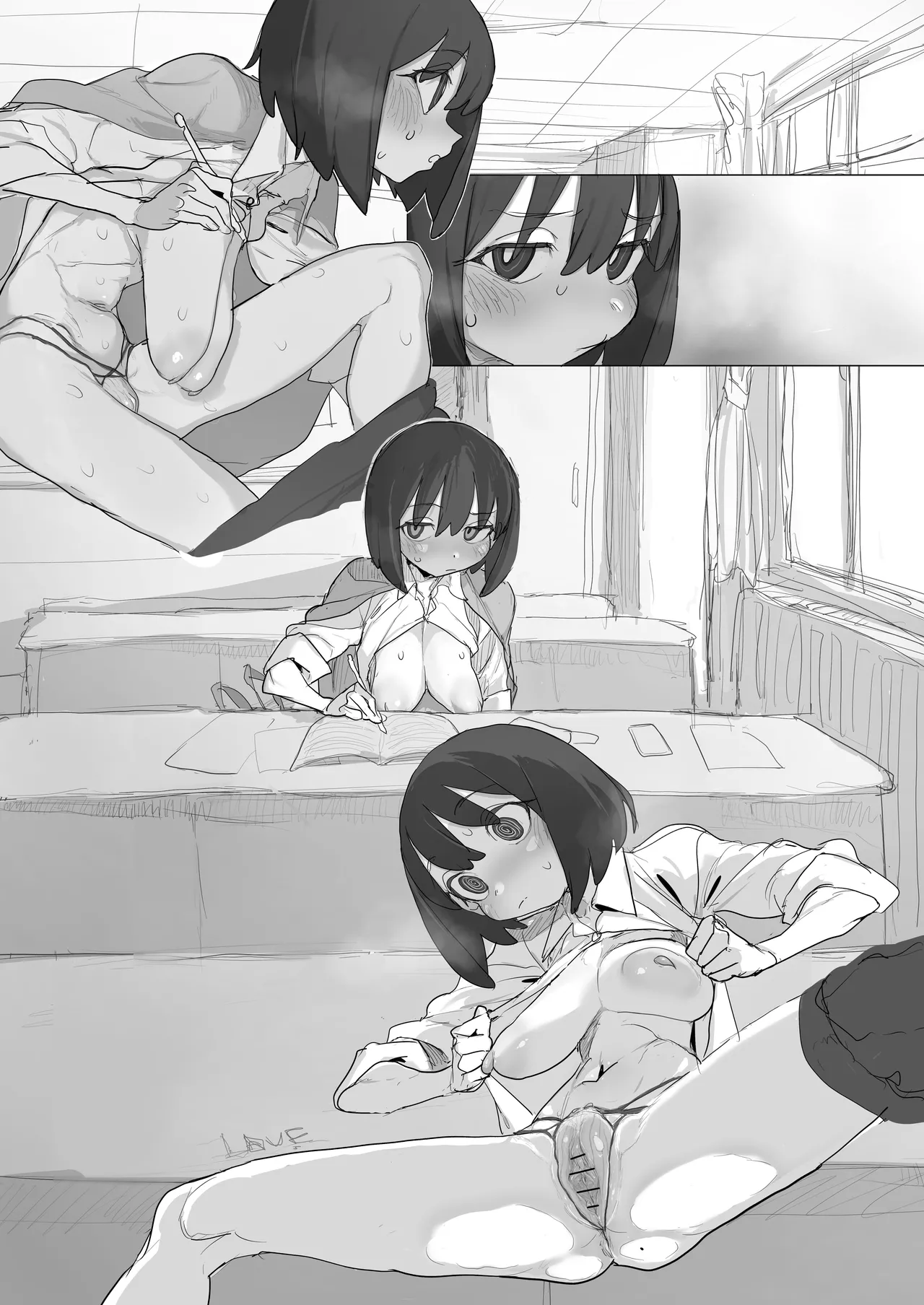 自習室で露出オナの練習してたら友達が来てピンチのルナちゃん - Page 15